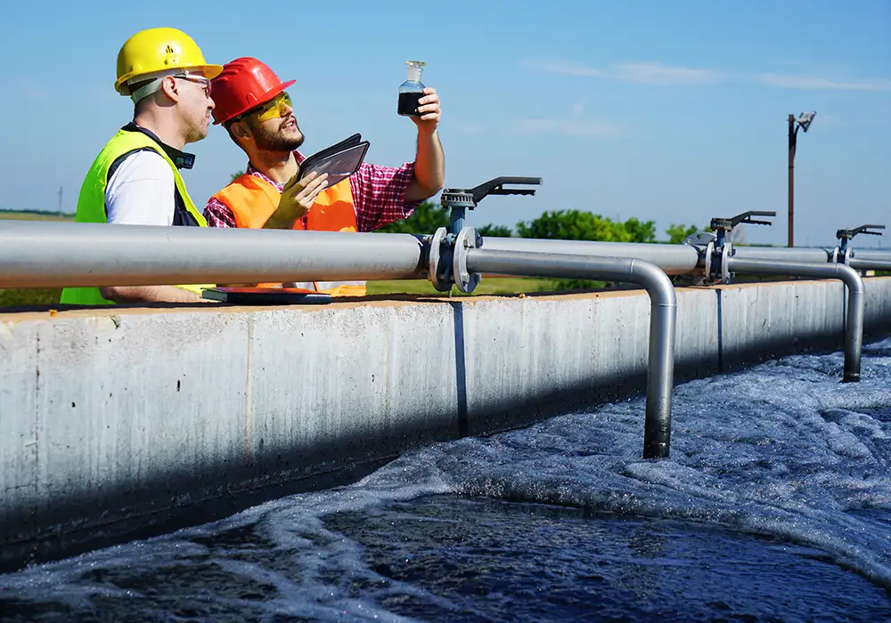 Zwei Fachleute prüfen eine Wasserprobe am Klärbecken